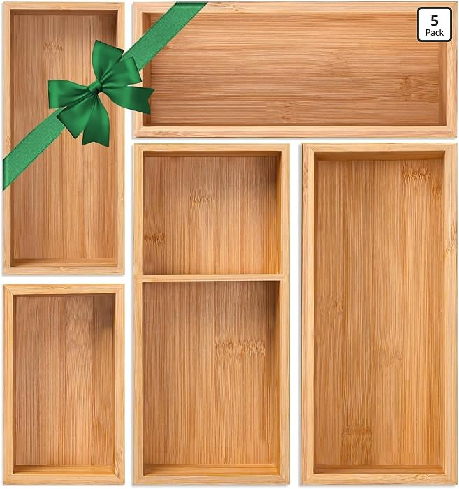 Bamboo Drawer Organizer 5 Pcs for Kitchen Multi-purpose Storage Dividers for Kitchen, Office, Jew... | Amazon (US)