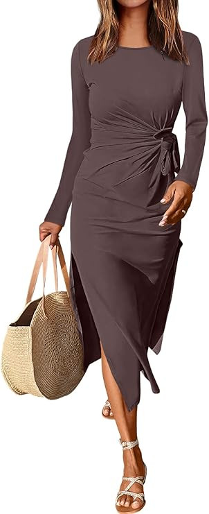ANRABESS Womens 2025 Fall Long Sleeve Maxi Dress Crewneck Tie Waist Slit Casual Work Long T Shirt... | Amazon (US)