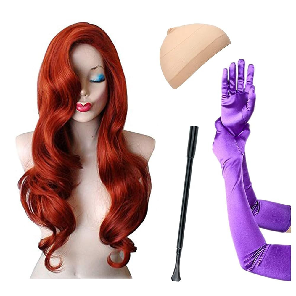 Zivyes Jessica Rabbit Costume Red Wig Purple Gloves Plastic Holder Fancy Dress Costume Set | Amazon (US)