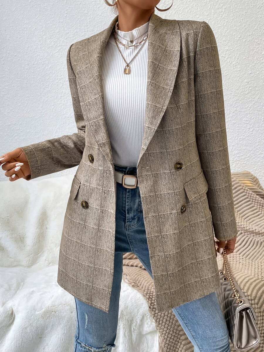 Plaid Shawl Collar Double Breasted Blazer
   
      SKU: sw2207101176711795
          (23 Reviews... | SHEIN