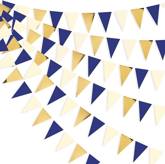 30Ft Navy Blue Gold and Beige Party Decorations Royal Blue Gold Triangle Flag Pennant Banner Bunt... | Amazon (US)