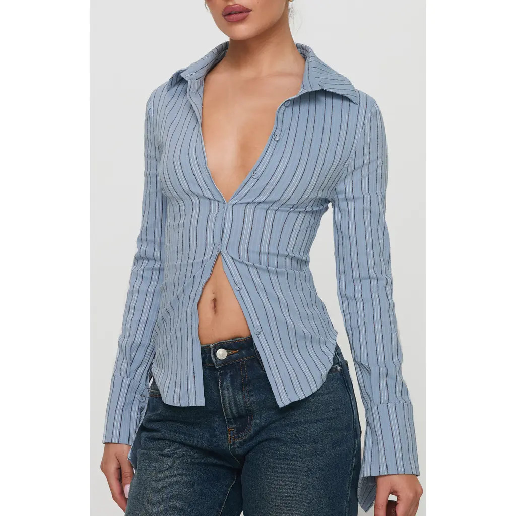 Princess Polly Madlin Stripe Long Sleeve Button-Up Shirt in Blue Stripe at Nordstrom, Size 0 | Nordstrom