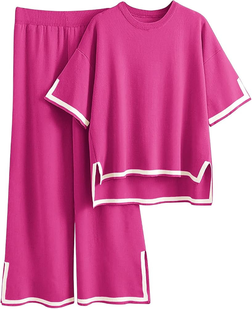 Imily Bela Womens Plus Size Lounge Sets 2 Piece Outfits Short Sleeve Pullover Tops Wide Leg Pants... | Amazon (US)