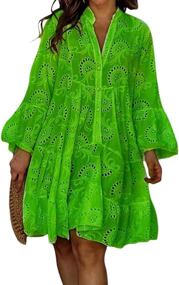 ZOCANIA Women's Lace Hollow Dress V Neck Floral Eyelet Embroidery Long Sleeve Button A Line Short... | Amazon (US)