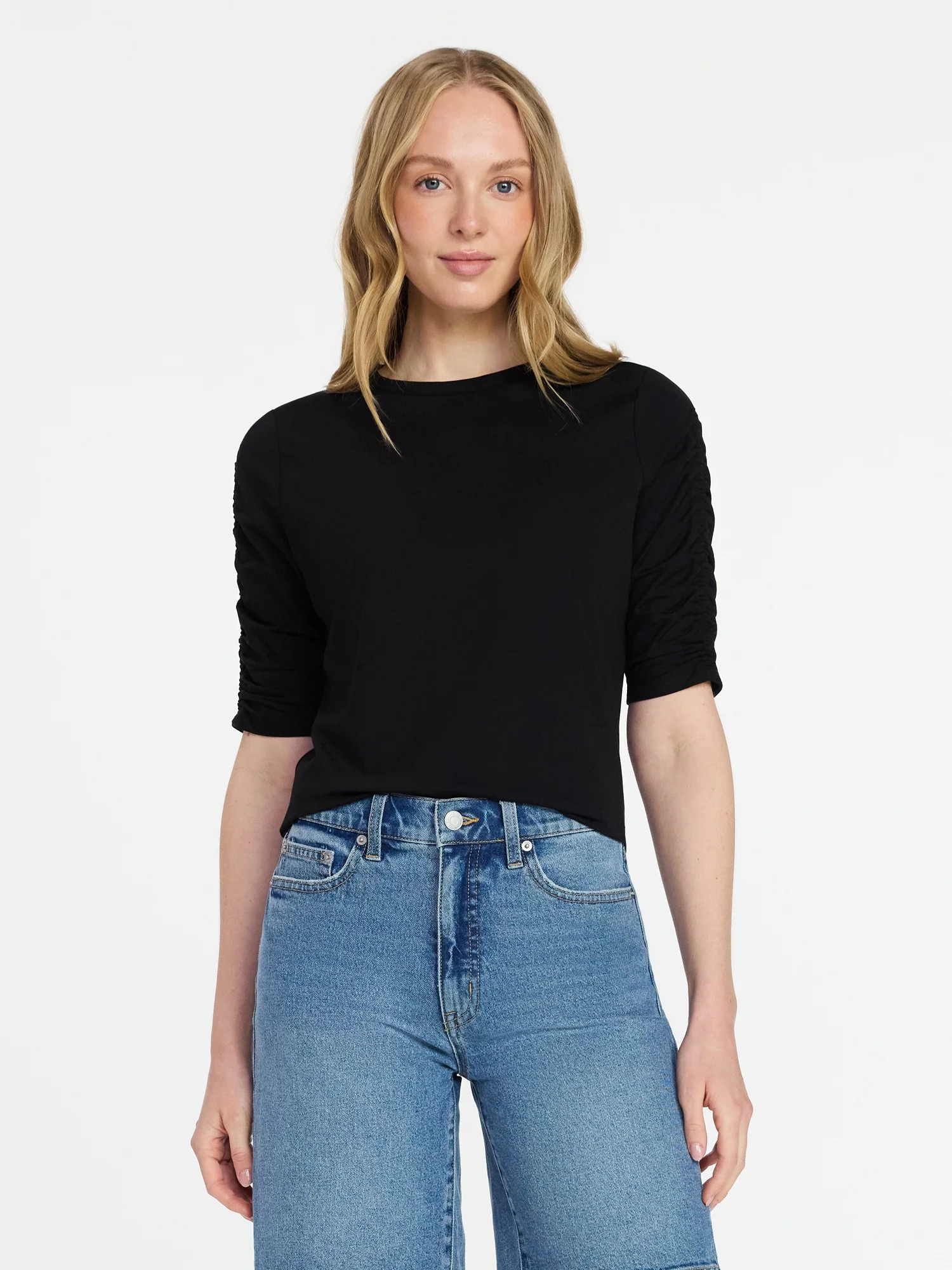 Time and Tru Women's Ruched Elbow Sleeve Tee, Sizes XS-XXXL | Walmart (US)
