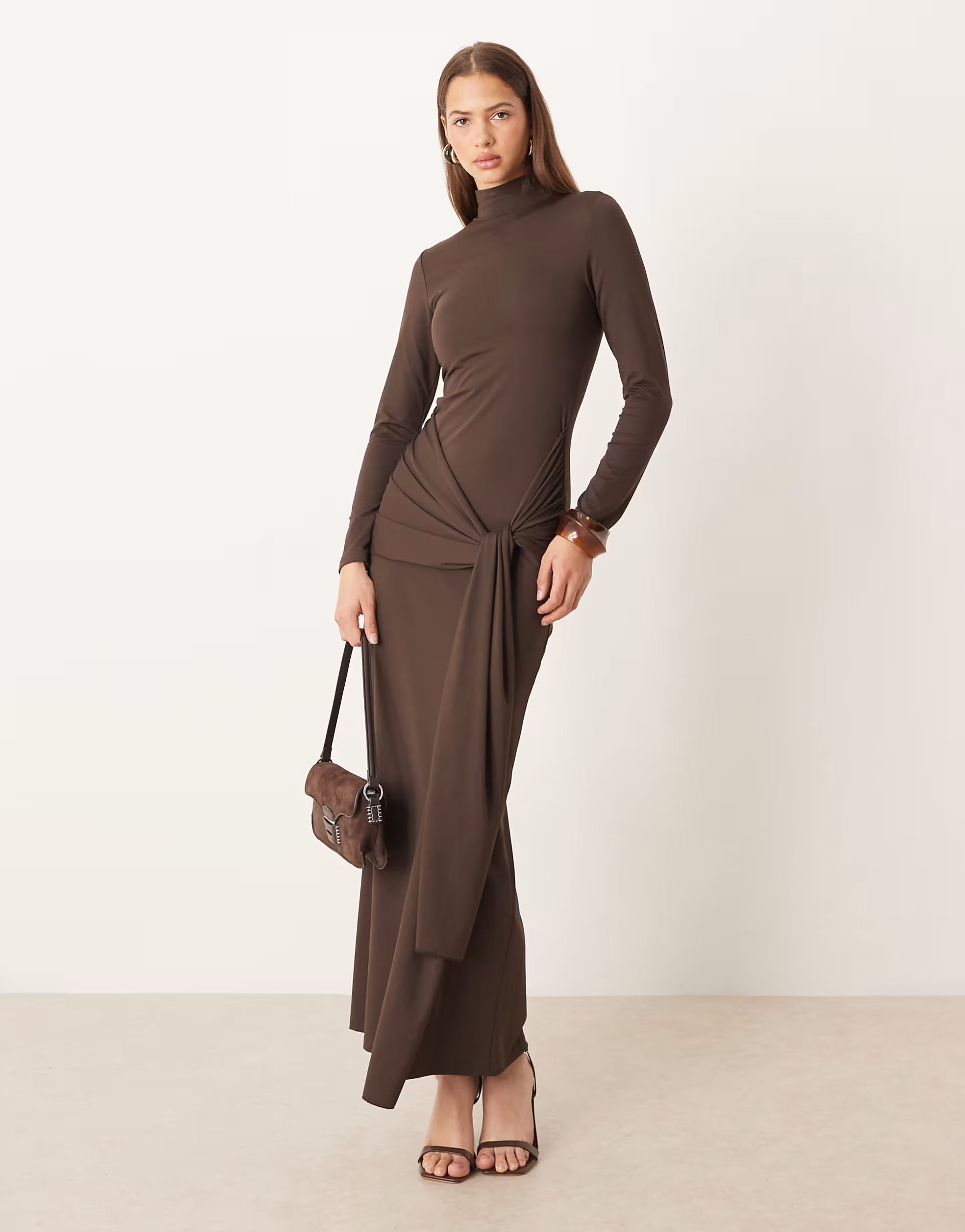 Gina Tricot soft tie front knot long sleeve maxi dress with low back in dark brown | ASOS (Global)