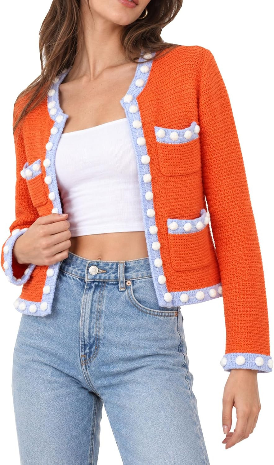 Women's Color Block Cardigan Open Front Jackie O Sweater Casual Long Sleeve Button Down Chunky Knit Outerwear Coats | Amazon (US)