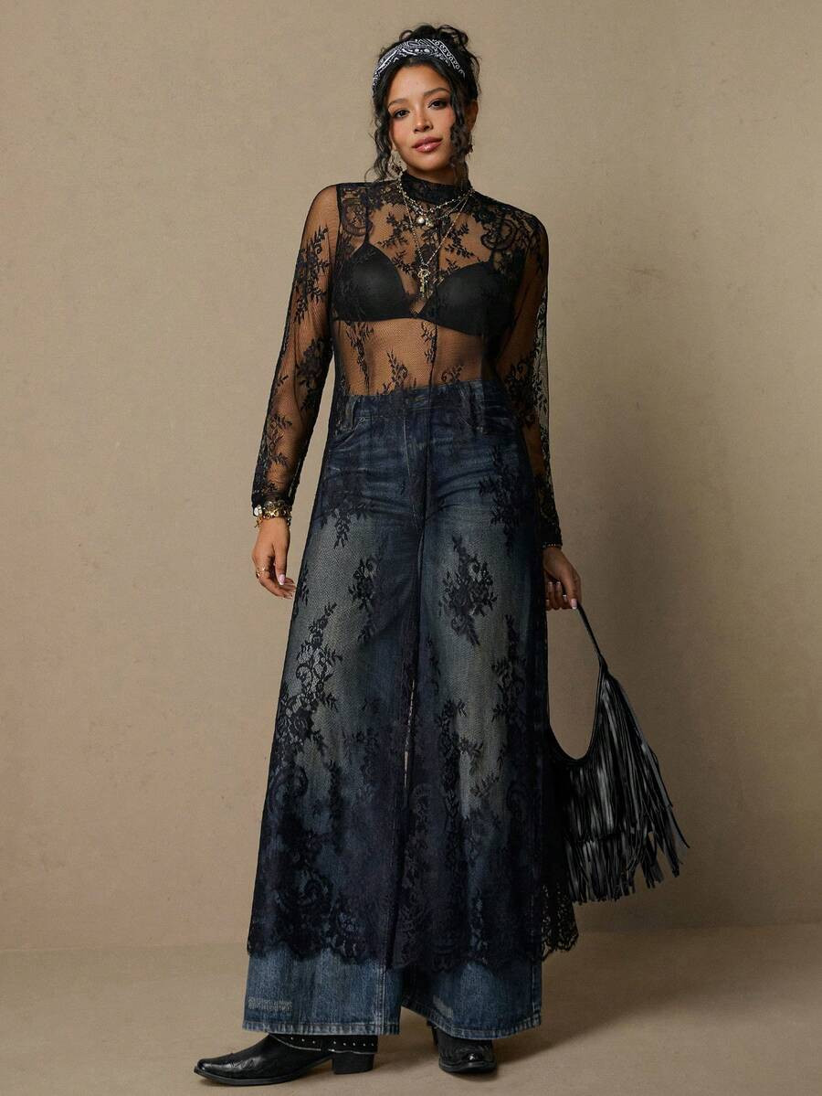 Freevana Plus Size Bohemian Vintage Style Black Lace Dress, Elegant & Versatile For Daily Wear, N... | SHEIN