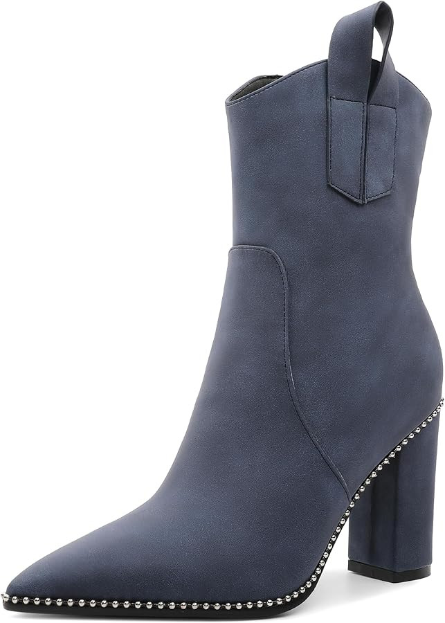 Soireelady Womens Cowboy Ankle Boots Western Booties Pointed Toe Chunky Block Heel Beaded Short B... | Amazon (US)