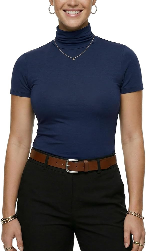 Zengjo Long Sleeve Turtleneck Women Stretch/Short Sleeve Tops Fitted Tee Shirt | Amazon (US)