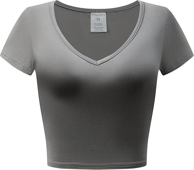 OThread & Co. Women's Short Sleeve V-Neck Crop Top Basic Comfy Stretch Tee | Amazon (US)