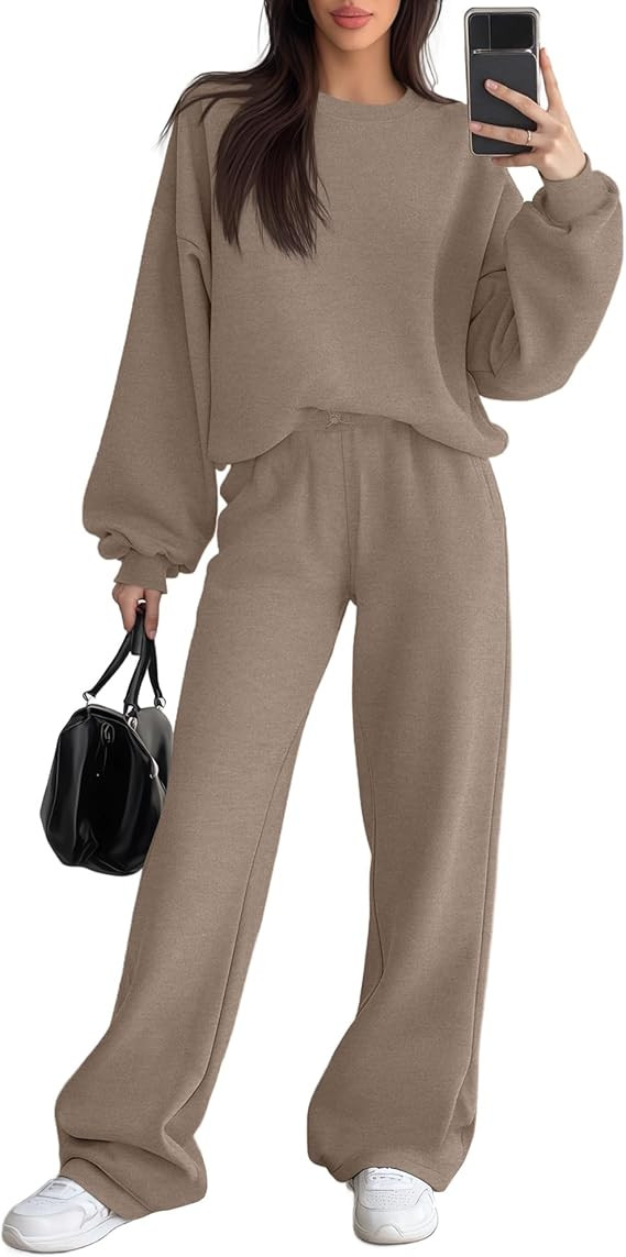 Sweetyweee Women's 2 Piece Outfits Set Fleece Lined Lounge Sweatsuit Crewneck Pullover Top Wide L... | Amazon (US)