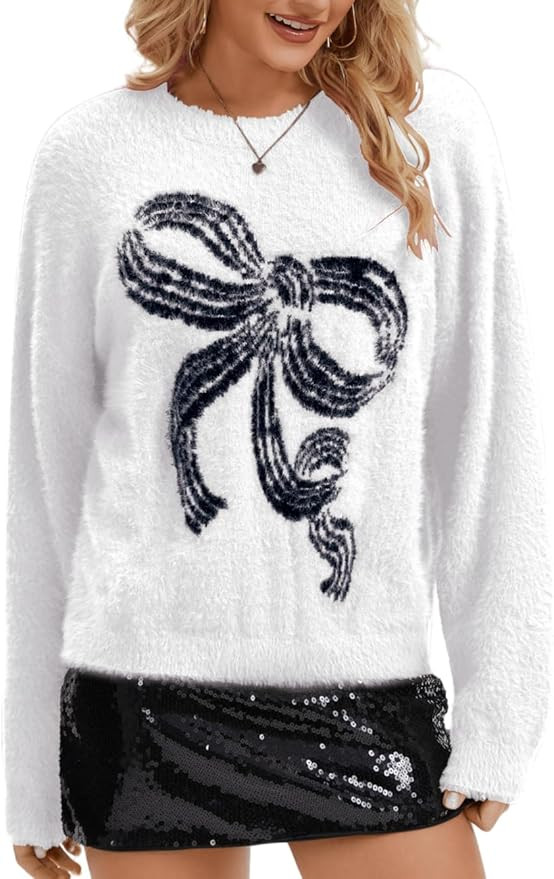 Cute Bow Sweater,Soft Fluffy Sweaters for Women,Christmas Holiday Valentines Fuzzy Top | Amazon (US)
