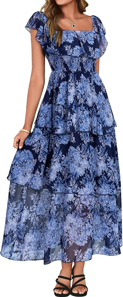 Simplee Womens Floral Wedding Guest Dress Spring Summer 2026 Chiffon Boho Off Shoulder Smocked Ti... | Amazon (US)