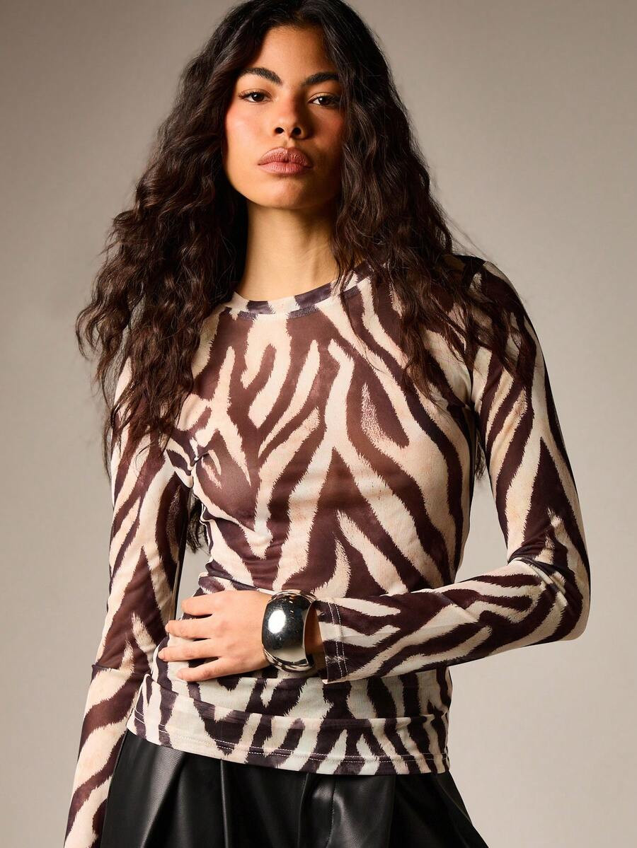 AiiRZ Zebra Print Long Sleeve Blouse With Crew Neck And Regular Fit For Fall Winter Fashion Casua... | SHEIN