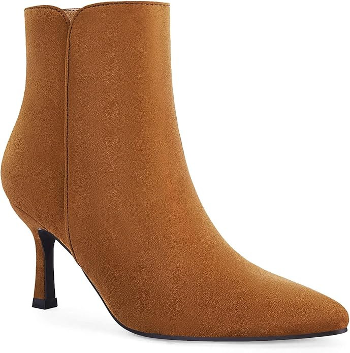 Coutgo Women's Kitten Heel Booties Pointed Toe Low Stiletto Side Zipper Ankle Boots Shoes | Amazon (US)
