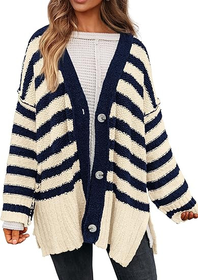 PRETTYGARDEN Women's Winter Striped Cardigan Sweaters Long Sleeve Button Down Open Front Chunky K... | Amazon (US)
