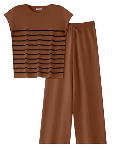 Ekouaer Lounge Set for Women 2 Piece Outfits Brown Sweatsuits Cap Sleeve Tops Wide Leg Pants Fall Fashion Clothes S | Amazon (US)