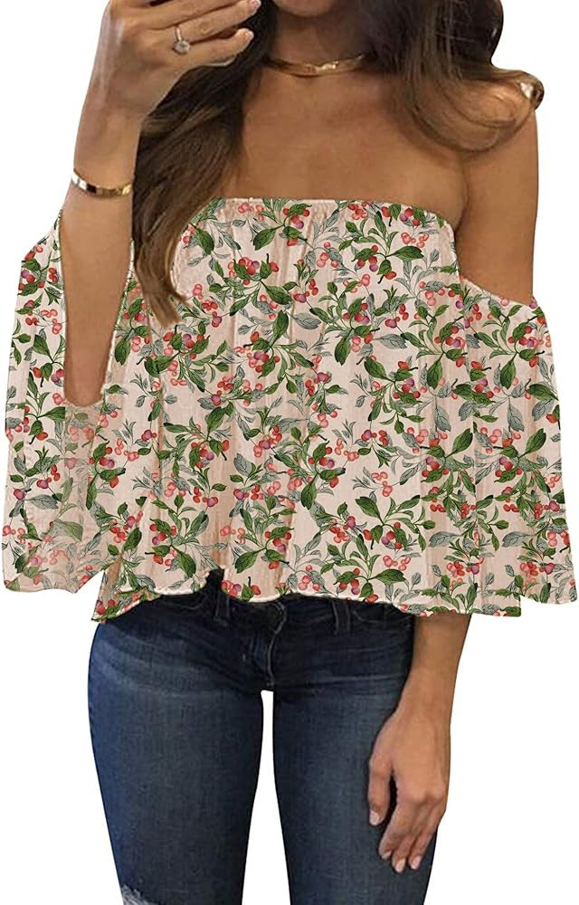 Bluetime Women Summer Off Shoulder Chiffon Blouse Ruffles Short Sleeves Tops Casual T Shirt | Amazon (US)