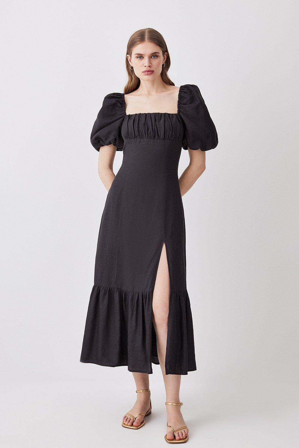 Linen Viscose Puff Sleeve Midi Sundress | Karen Millen UK + IE + DE + NL