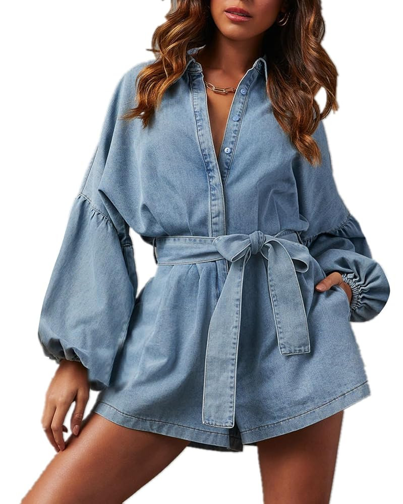 Women's Casual Denim Romper Belted Lantern Sleeve Jean Jumpsuits with Pockets | Amazon (US)