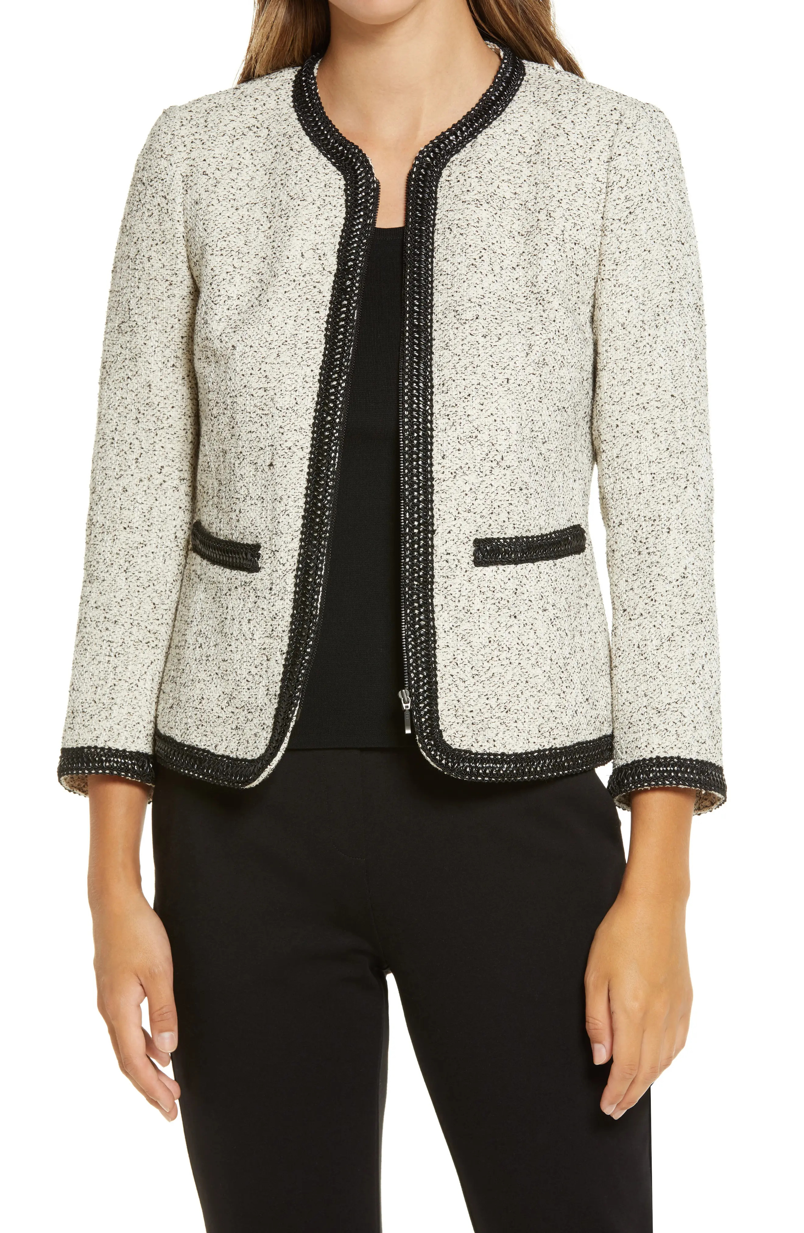 Women's Anne Klein Zip Front Tweed Jacket, Size 6 - White | Nordstrom
