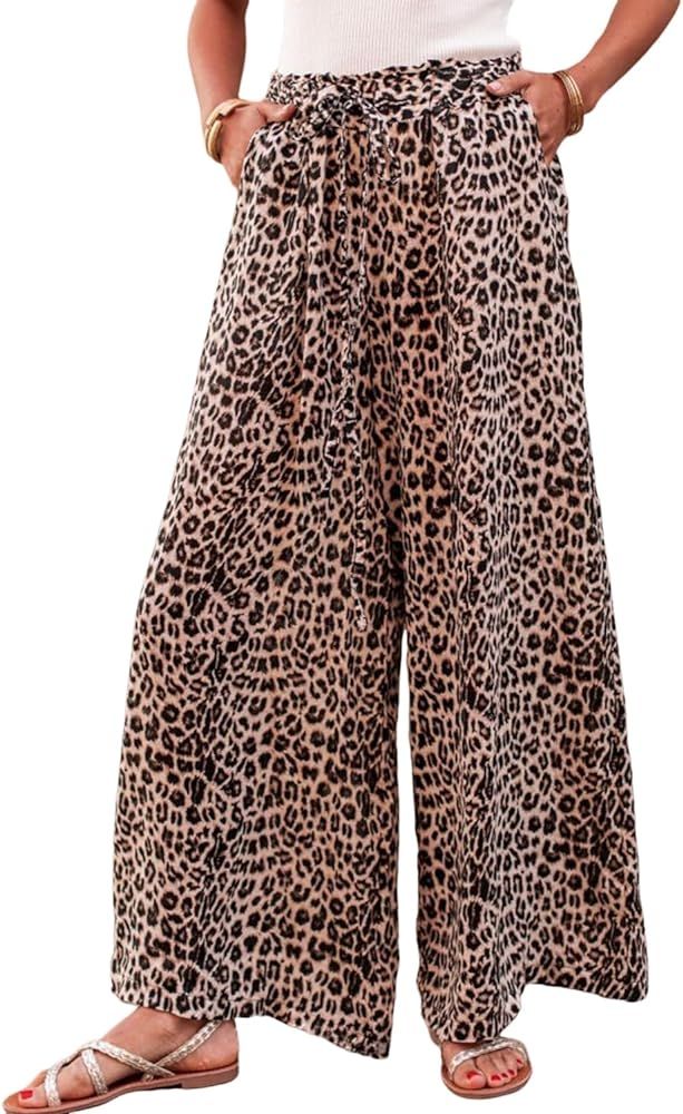 Women's Desert Palm Boho Leopard Wide Leg Pants Casual High Waist Shift Pants | Amazon (US)