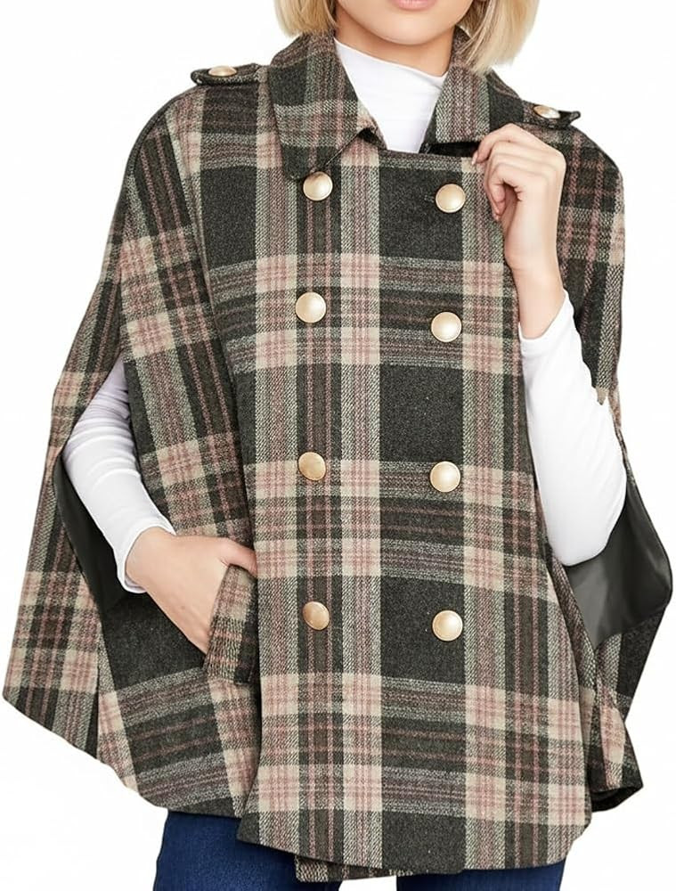 Women's Plaid Winter Cape Coat, Double Breasted Cape with Pockets for Women, Winter Plaid Jacket | Amazon (US)
