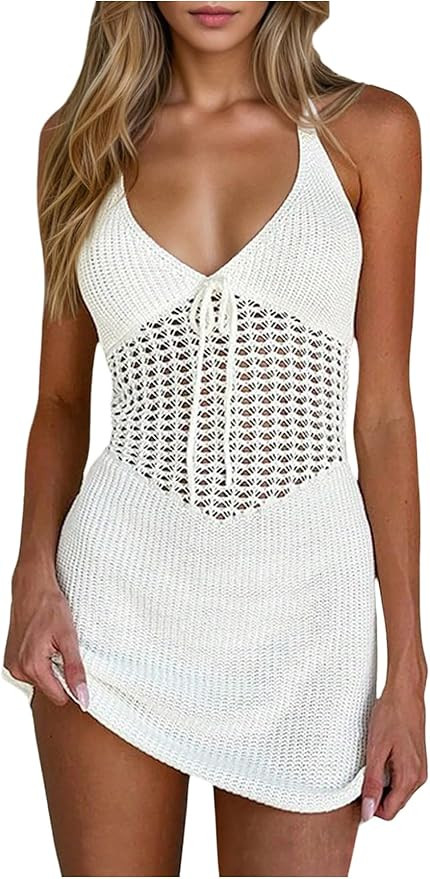GORGLITTER Women's Crochet Beach Cover Up Dresses Hollow Out Tie Backless Halter Swimsuit Coverup... | Amazon (US)