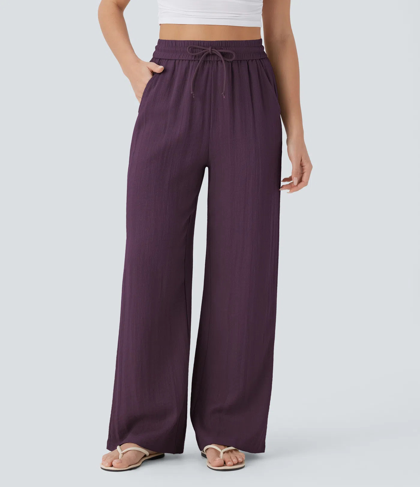 Women’s High Waisted Drawstring Pocket Wide Leg Baggy Casual Linen-Feel Pants - Halara | HALARA