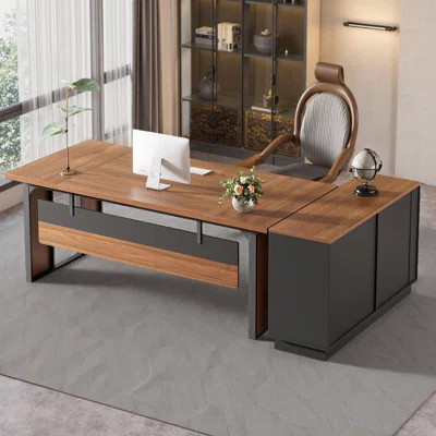 63" L-Shaped Executive Desk with File Cabinet - Modern Office Workstation Set with Drawers & Shelves, Brown & Black Computer Desk for Home Office | Wayfair North America