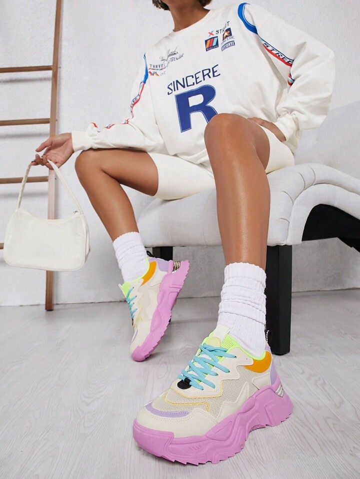Colorblock Lace-up Front Chunky Sneakers | SHEIN