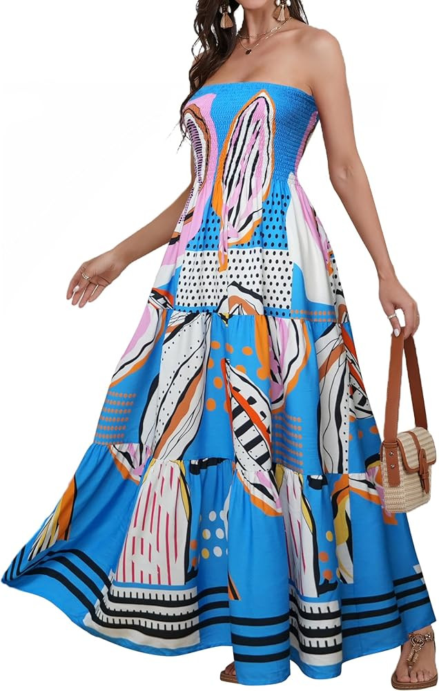 Women Strapless A Line Maxi Dress Tube Top Backless Casual Summer Dress | Amazon (US)