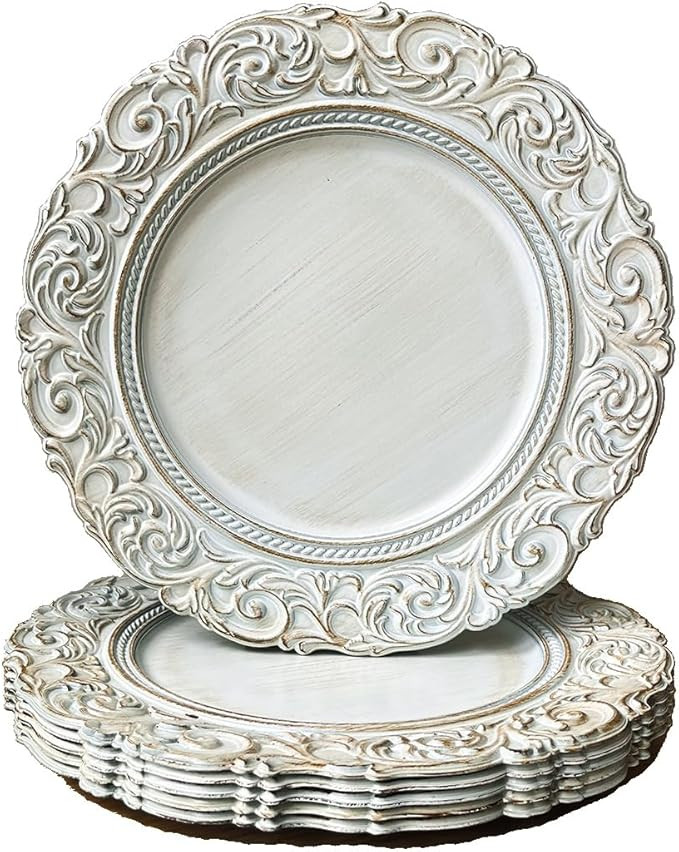 Antique Charger Plates, 13 Inch White Dinner Plate Chargers Round Server Ware. Set of 6 Plastic E... | Amazon (US)