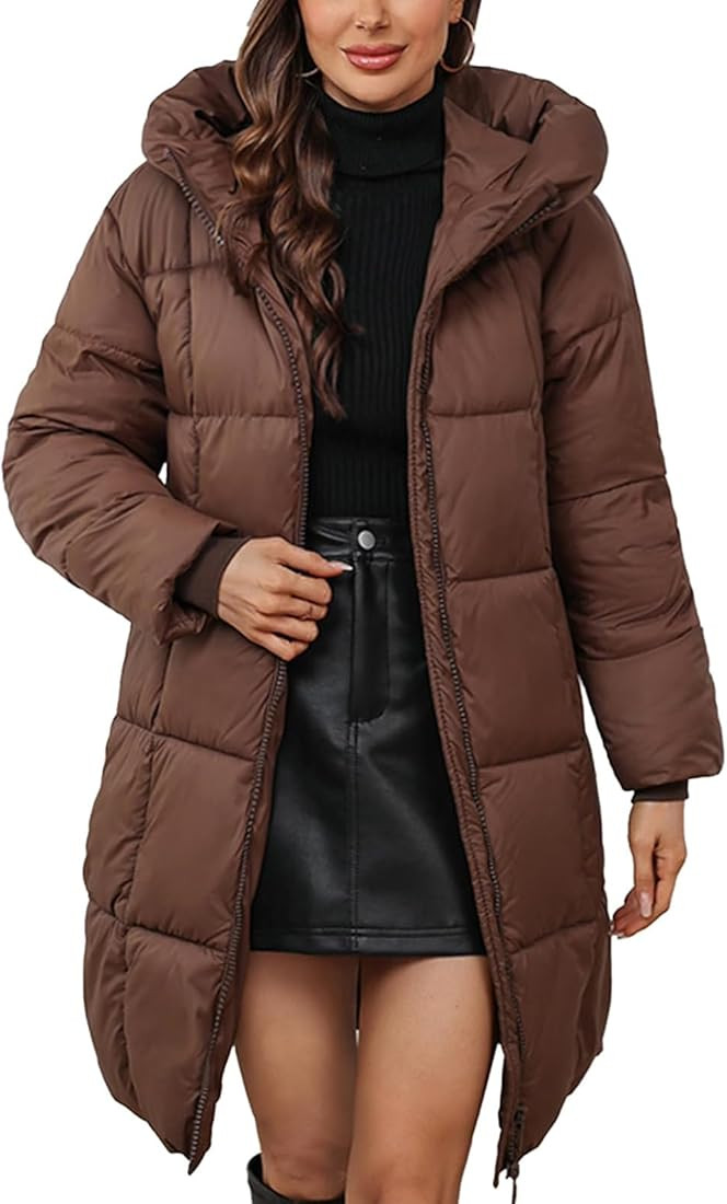 Women's Hooded Long Puffer Coat Winter Warm Full Zip Lightweight Quilted Jacket with Pockets | Amazon (US)