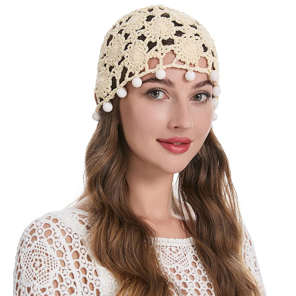 ZLYC Women Cotton Crochet Skull Cap Handmade Knit Cutout Floral Beanie Hat | Amazon (US)