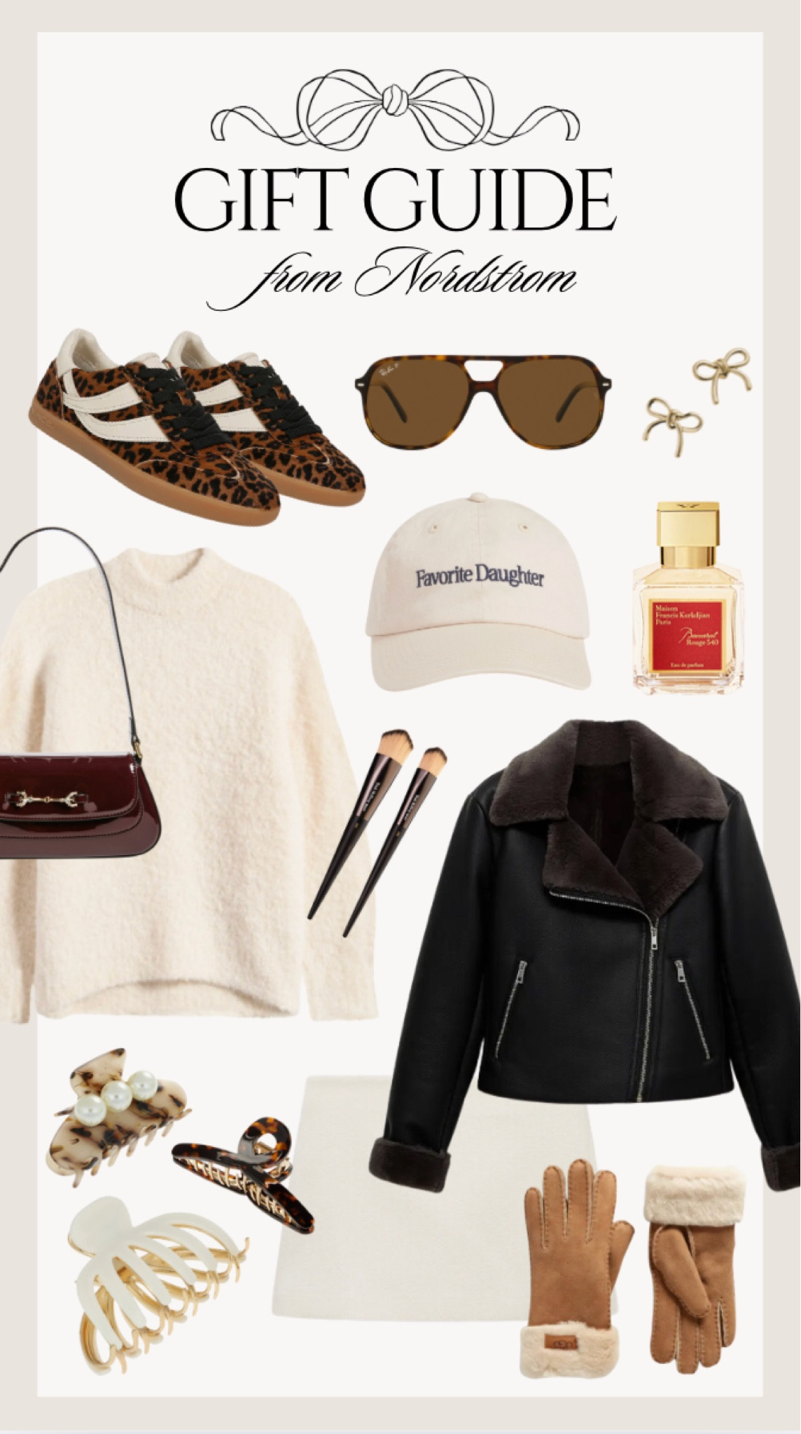 Gift guide: Nordstrom! Leopard Sneakers // Ray-Ban Polarized Sunglasses // BaubleBar Bow Stud Earrings // Sam Edelman Shoulder Bag // Madewell Cream Sweater // Favorite Daughter Baseball Cap // Baccarat Rouge Perfume // Trish McEvoy Brushes // Faux Shearling Moto Jacket // Tortoise and Pearls Claw Clip // Tortoise Claw Clip // Ivory Claw Clip // Linen Blend Wrap Miniskirt // UGG Genuine Shearling Gloves

#LTKCyberWeek #LTKGiftGuide #LTKHoliday