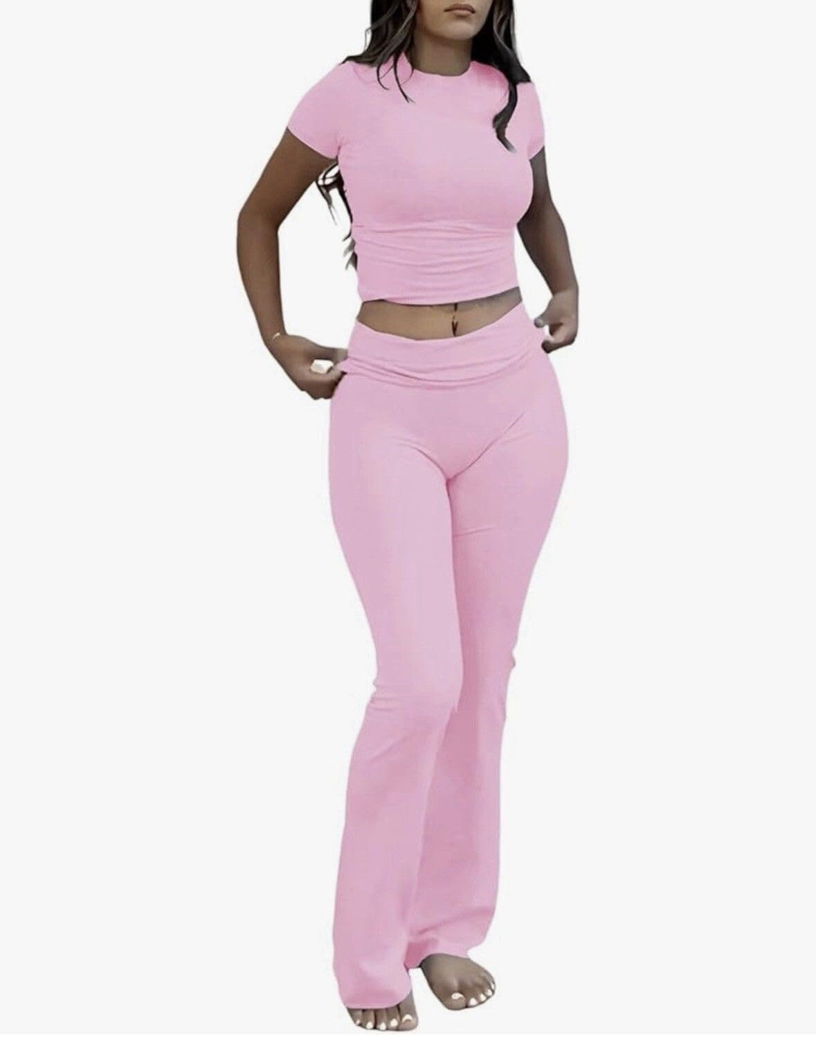 AYWA Women's 2 Piece Lounge Sets Short Sleeve Crop Top Foldover Flare Pants Casual Pajama Outfits | Amazon (US)