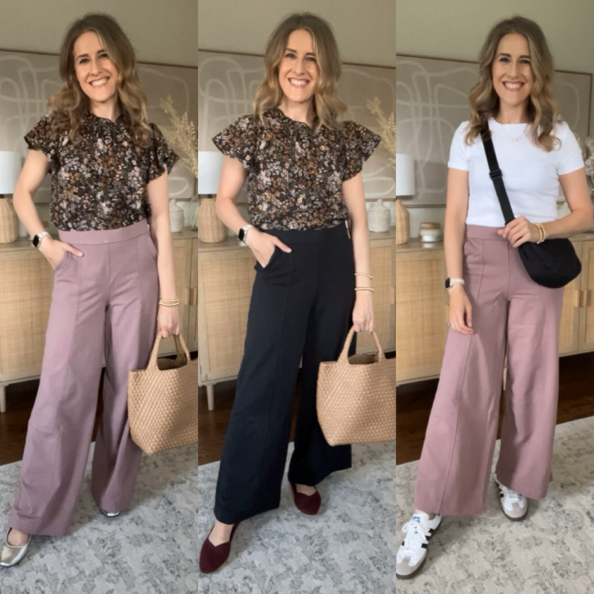 Walmart wide leg pants size comparison:
Left: size medium Long (32” inseam)
Middle: size medium  Full (30” inseam)
Right: size small Full (30” inseam)
My favorite is the medium Full. I’m 5’8” for reference.

#LTKStyleTip #LTKFindsUnder50