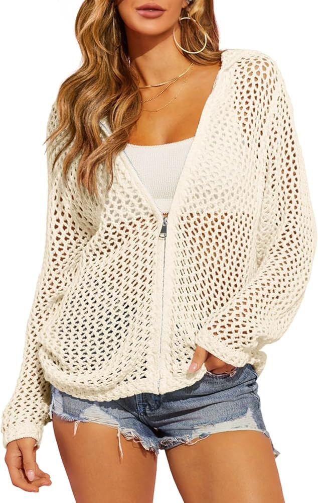 Saodimallsu Womens Crochet Lightweight Cardigans Zip Up Hooded Long Sleeve Knit Sweaters Mesh Bea... | Amazon (US)