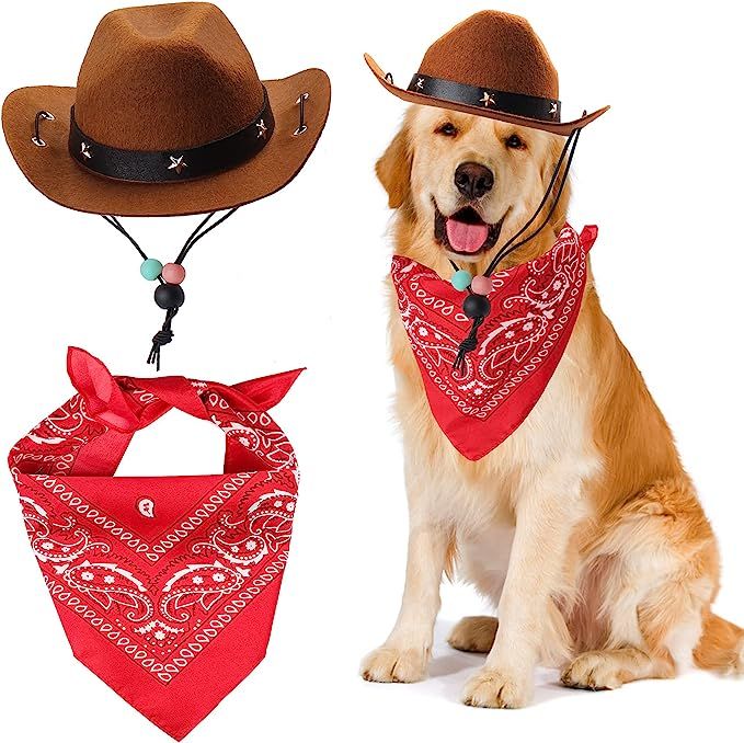 Yewong Pet Cowboy Costume Accessories Dog Cat Pet Size Cowboy Hat and Bandana Scarf West Cowboy A... | Amazon (US)