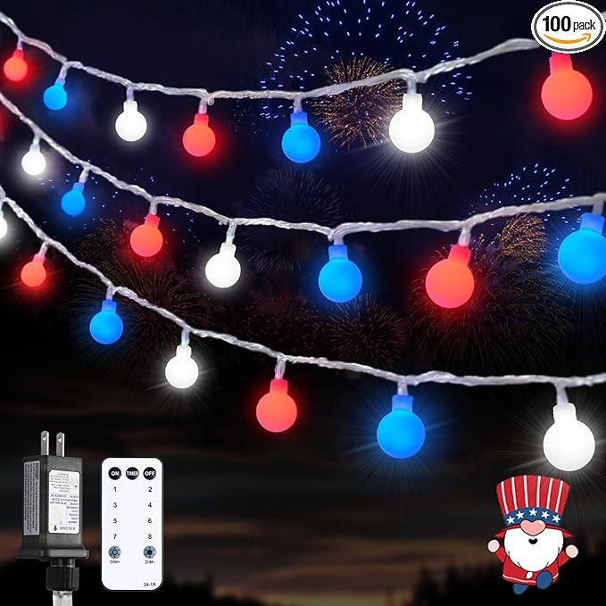 JMEXSUSS Connectable Red White and Blue Lights Indoor Outdoor, 100 LED 33ft 4th of July Decoratio... | Amazon (US)