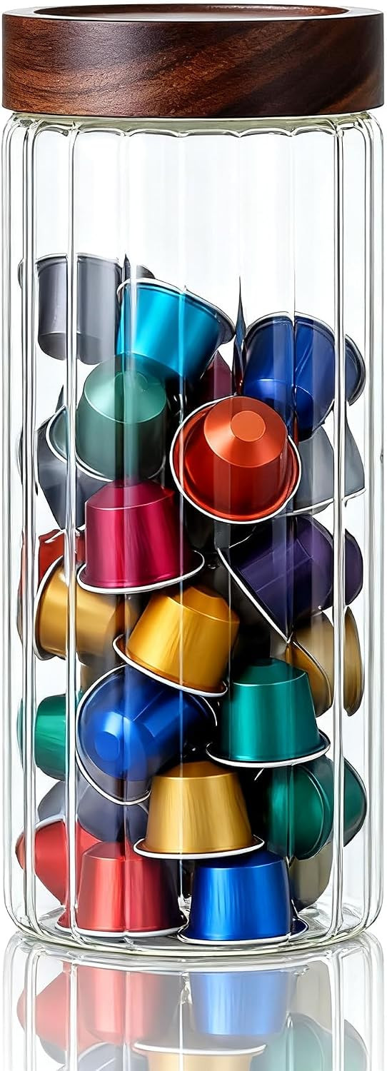 Airtight Borosilicate Glass Storage Jar with Wood Screw Lid, 54 oz | Leak proof wide mouth decorative ribbed canister, kitchen pantry organization, coffee sugar tea candy cookie pet treat gift | Amazon (US)