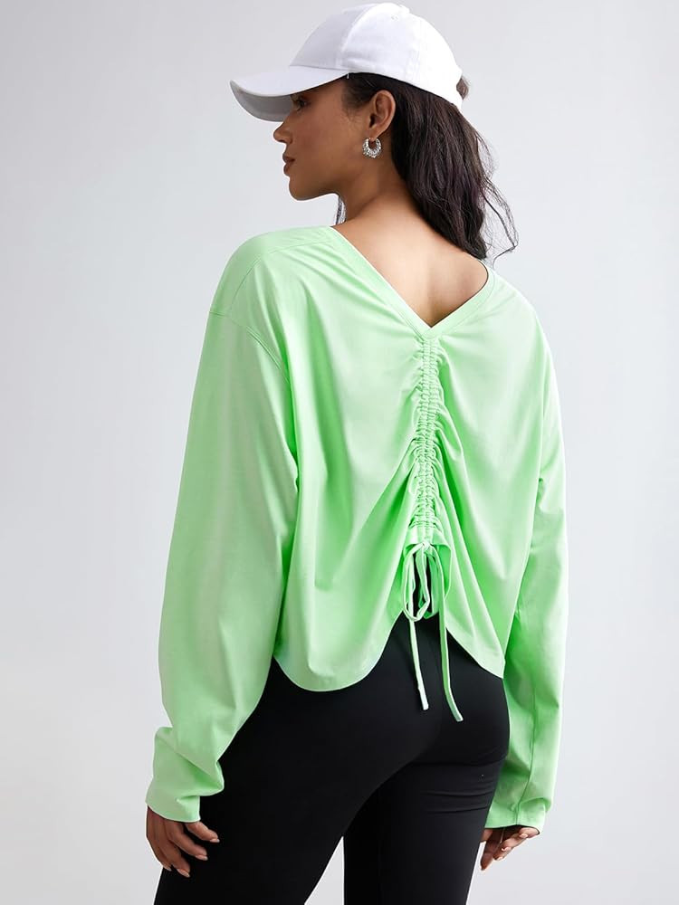 AARYA Athletic Shirts Women, Summer Long Sleeve Reversible Yoga Top with Drawstring Loose V-Neck ... | Amazon (US)