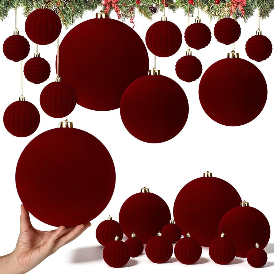 Junkin 24 Pcs Large Velvet Christmas Ball Ornaments Burgundy Red Decoration | Amazon (US)