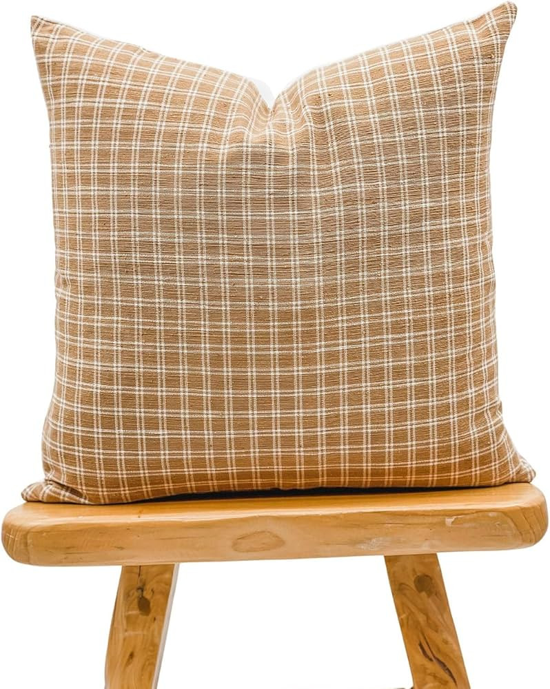 Handwoven Windowpane Tan Rust Pillow Cover, Farmhouse Pillow Cover, Tan Beige Pillow Cover, Plaid... | Amazon (US)