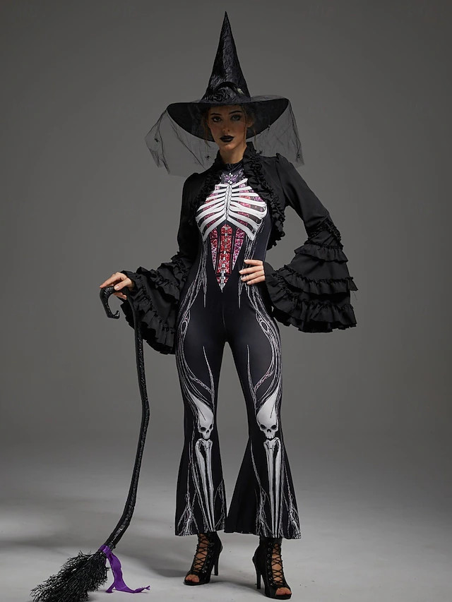 Halloween Set Witch Hat Ruffle Bolero Jacket Bodysuit Full Body Skeleton Skeleton Printing Front ... | Lightinthebox