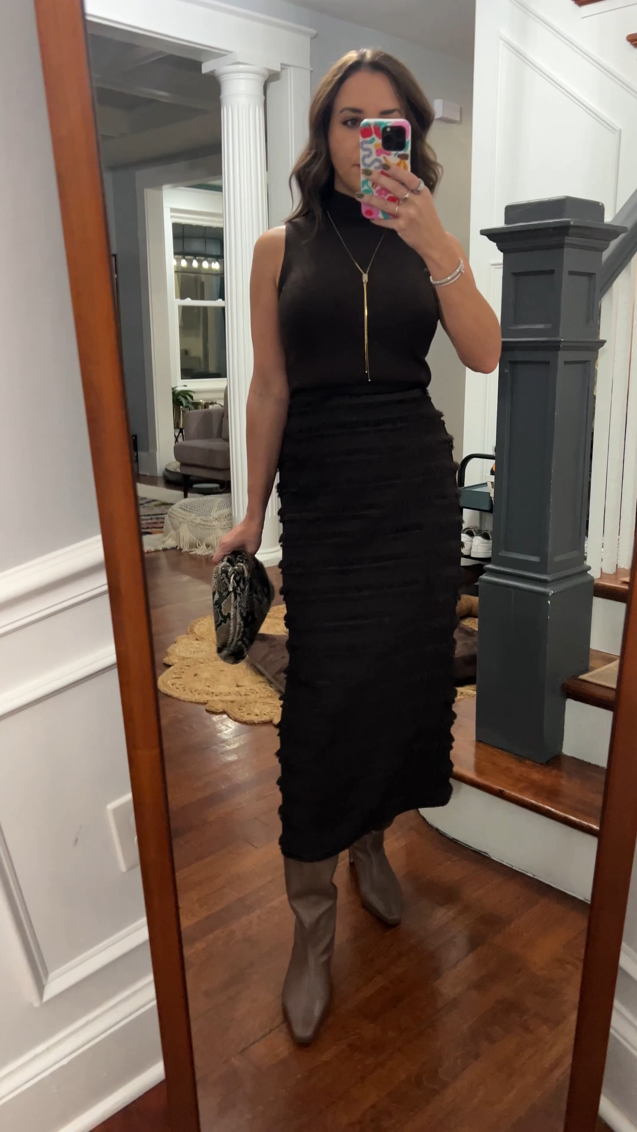 Chocolate brown party look. Perfect for Thanksgiving! 

Hm. Fringe skirt. Brown sweater tank. Sweater tank. Snake skin bag. Wally boot. Staud boots. Madewell top. Cashmere sweater tank.

#LTKStyleTip #LTKFindsUnder50 #LTKParties