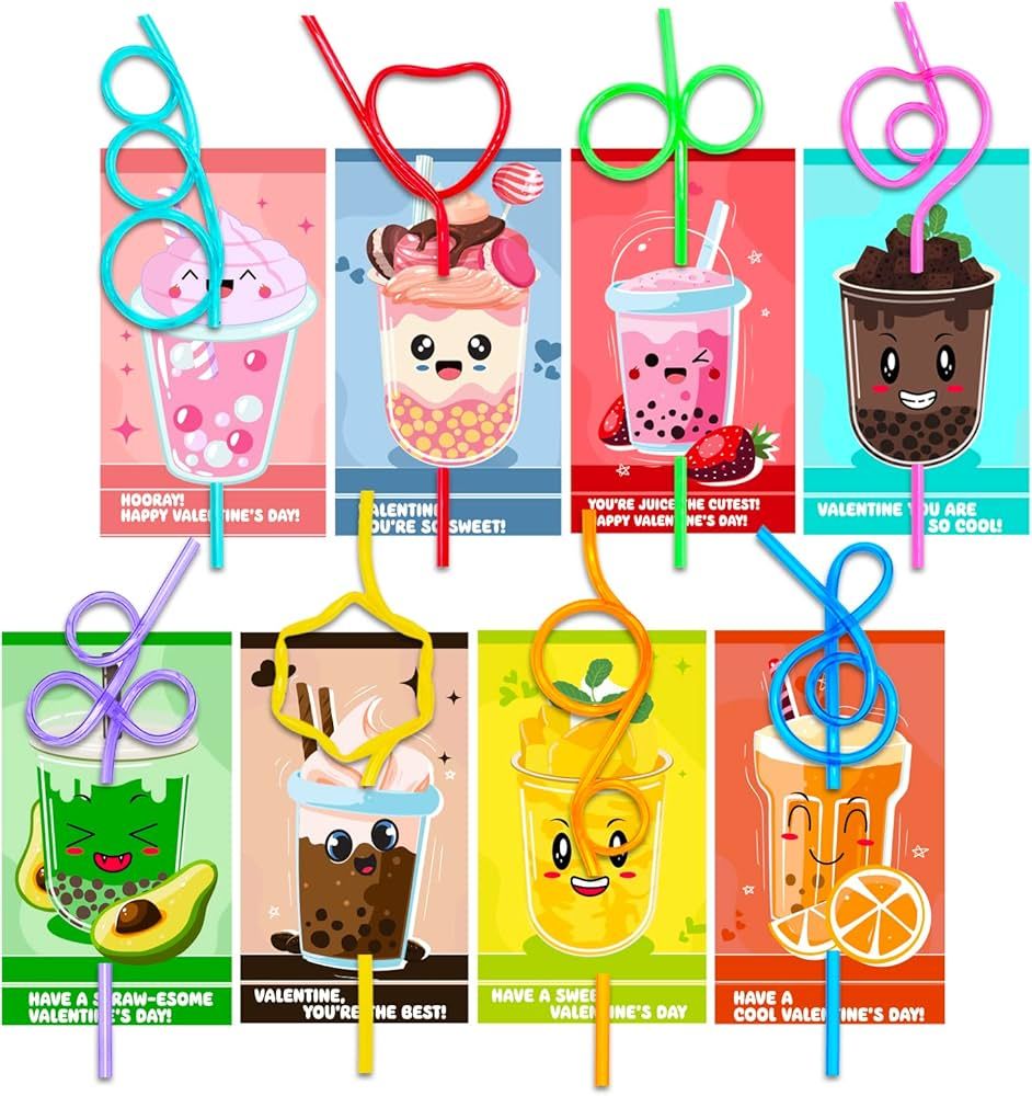 Shemira Valentines Day Cards for Kids with 32 Pack of Reusable Crazy Loop Drinking Straws, Valent... | Amazon (US)