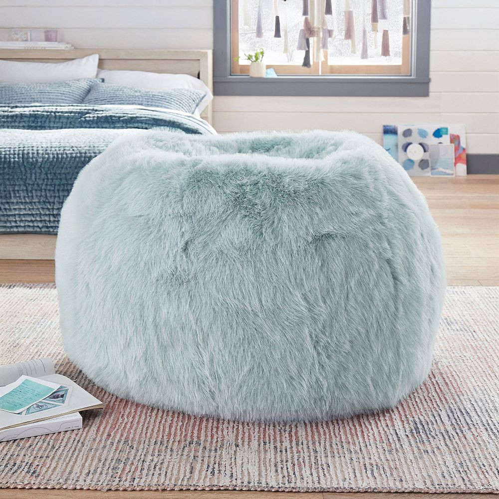 Large Feathery Faux Fur Porcelain Blue Bean Bag Chair | Pottery Barn Teen